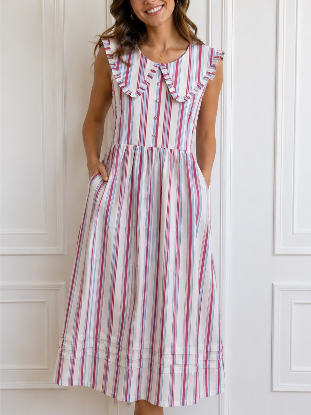 Caroline Constas Striped Sleeveless Midi Dress in red, Blue & White
